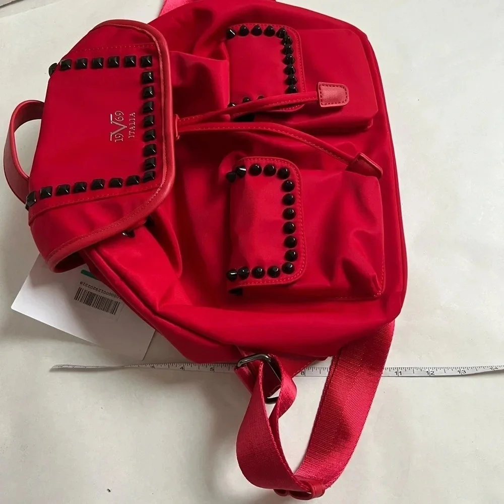 V 1969 Italia Bright Red Fabric Nylon Studded Backpack Bag NWT Medium Purse